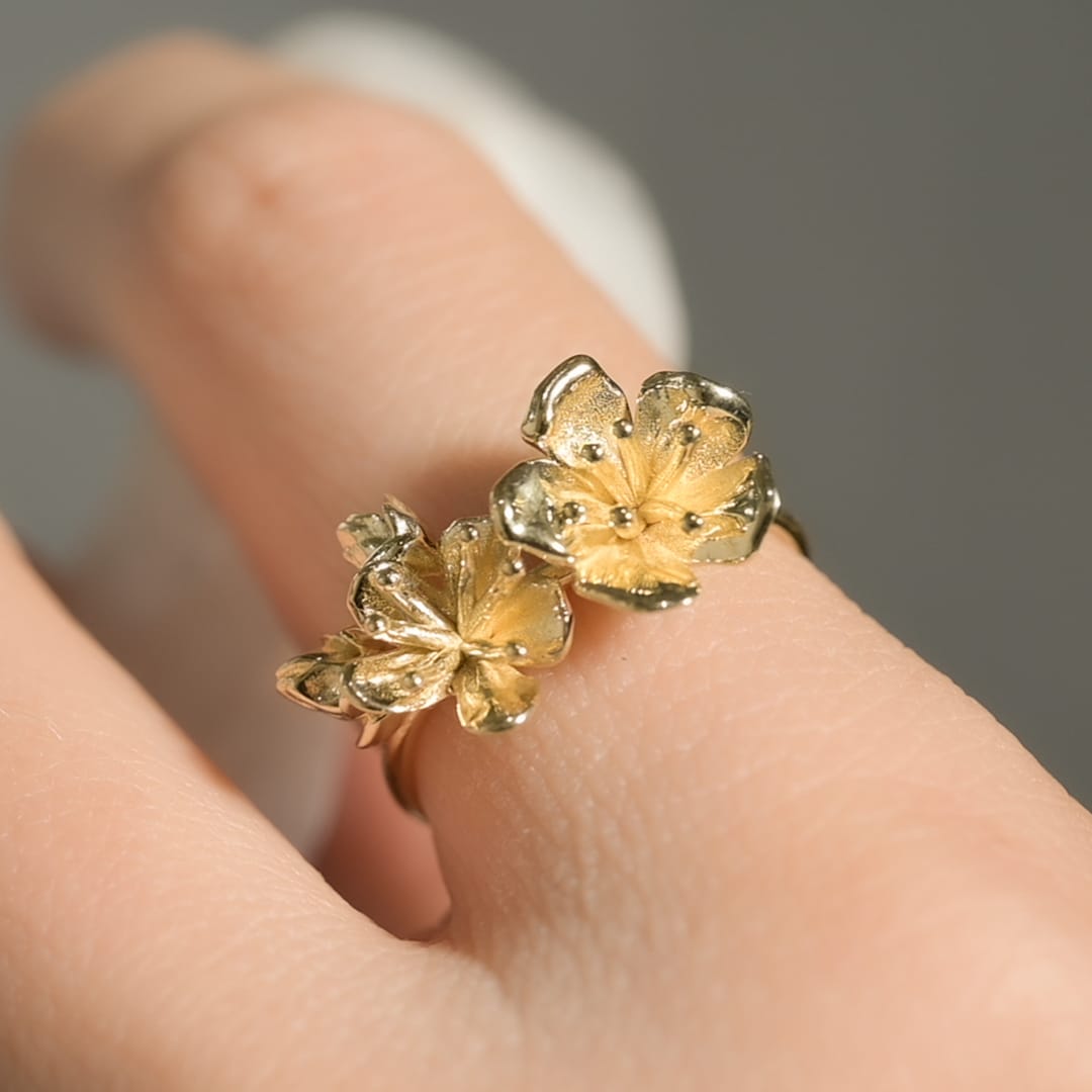 Cherry Blossom Flower Ring in Solid Gold, Silver, Gold Plate Etsy