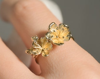 Cherry Blossom Flower Ring in Solid Gold, Silver, Gold Plate, Vermeil