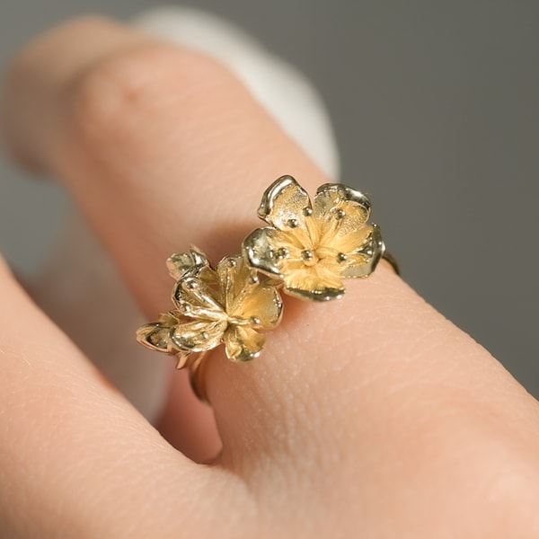 Cherry Blossom Flower Ring in Solid Gold, Silver, Gold Plate, Vermeil