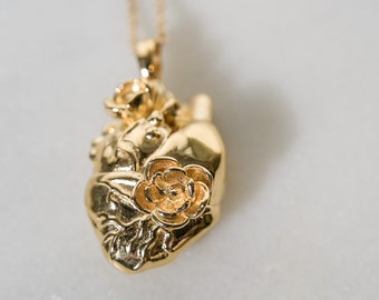 Anatomical Heart and Flower Pendant Necklace in 14k Solid Gold, Sterling Silver, Vermeil, of 14K Gold Plate