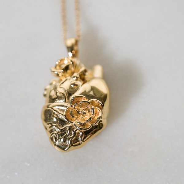 Anatomical Heart and Flower Pendant Necklace in 14k Solid Gold, Sterling Silver, Vermeil, of 14K Gold Plate