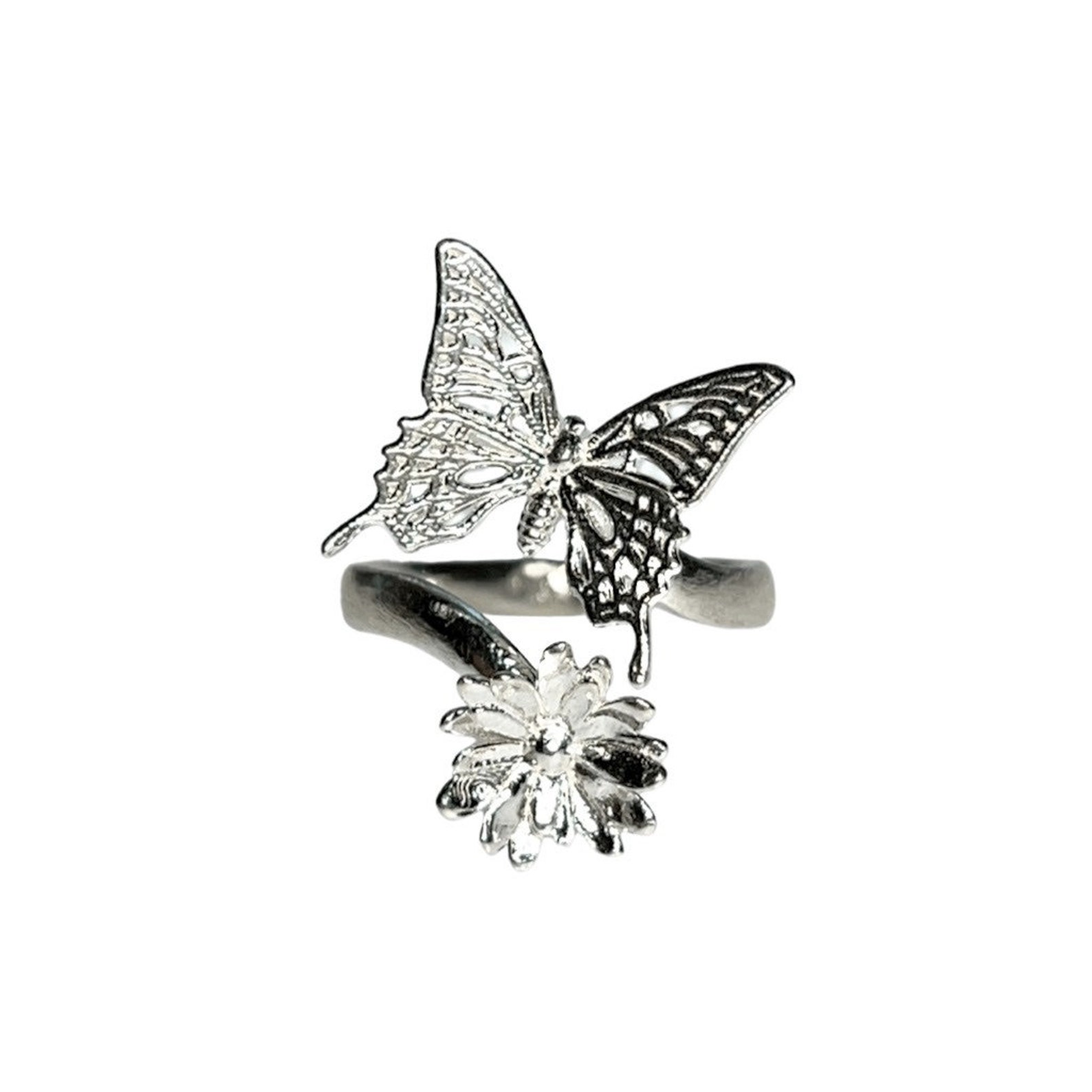 Butterfly and Daisy Flower Ring Adjustable Swallowtail Etsy