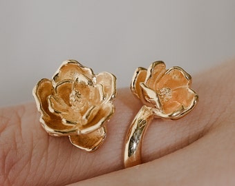 Magnolia Flower Ring, Adjustable Statement Ring in Sterling Silver, Vermeil, 18K Gold Plate