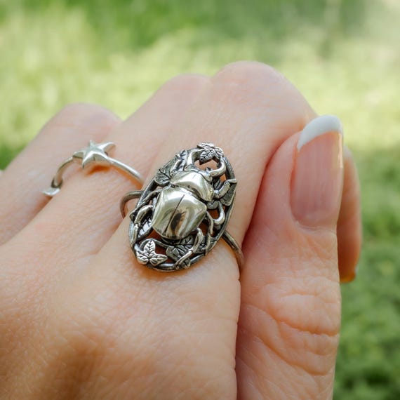 Stag Beetle Ring Nestled in a Bed of Ivy, Sterling Silver, Vermeil, and 14K Gold Plate