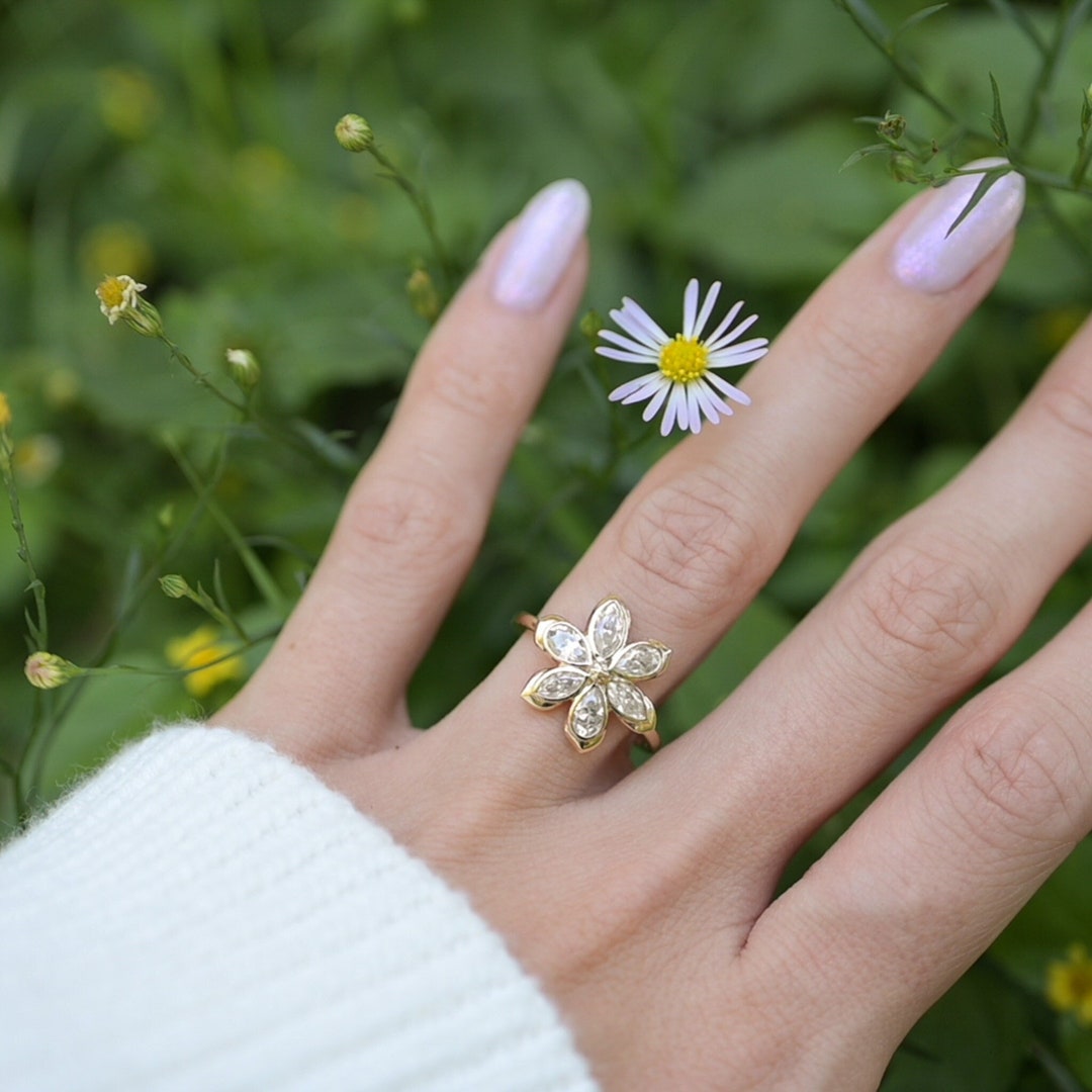 Moissanite Daisy Flower Engagement Ring 6 Marquises and Etsy