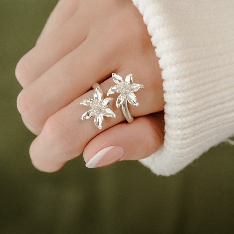 Lily Flower Ring, Adjustable Statment Ring in Sterling Silver, Vermeil, and 18K Gold Plate Solid Silver