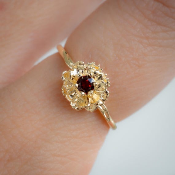 Carnation Flower Ring: Garnet Birthstone, 14k Gold Plate, Vermeil, or Silver