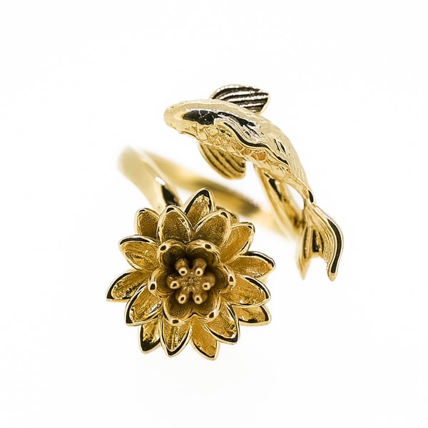 Bague nénuphar et carpe koï, bagues ajustables en argent sterling, vermeil et plaqué or 18 carats