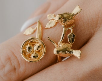 Bird Ring Love Nest in Vermeil, 18k Gold Plated brass, and Solid Silver