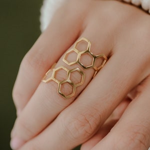 Hexagon Honey Comb Ring Adjustable Ring in Sterling Silver, Vermeil, 18K Gold Plate