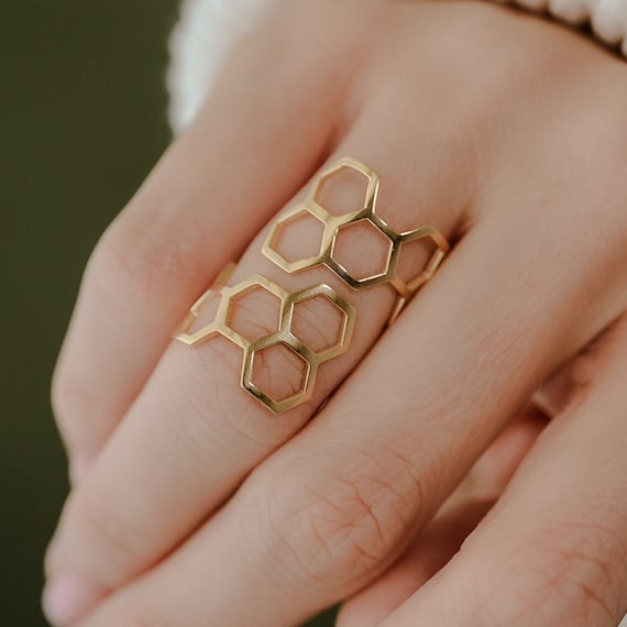 アクセサリー 925 Silver Honeycomb Ring GOLD Hexagon Honey Comb Ring Adjustable Ring in Sterling Silver or 14K