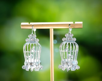 Vintage Birdcage Earrings - 3D Printed Bird Jewelry for Bridal and Cottagecore Style