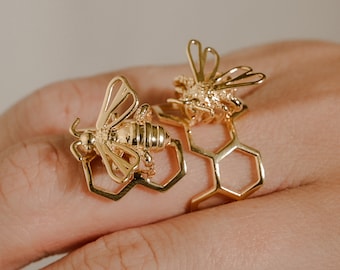 Bee Ring on Adjustable Hexagon Honey Comb band in Vermeil, Solid Silver, or 18k Gold Plate