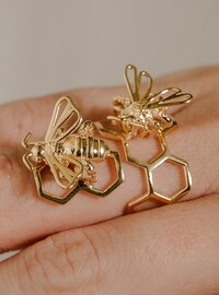 Stag Beetle Ring Nestled in a Bed of Ivy, Sterling Silver, Vermeil, and 14K Gold Plate