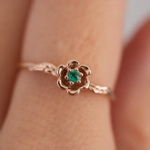 Lily of the Valley Ring •  May Birth Flower Ring • Emerald • 14k Solid Gold or Solid Silver  • Hypoallergenic • Genuine Gemstones