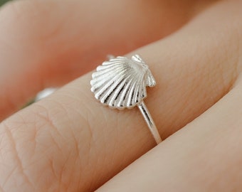Dainty Seashell Ring in Solid Silver and 14K Gold Plate, Beachy Jewelry