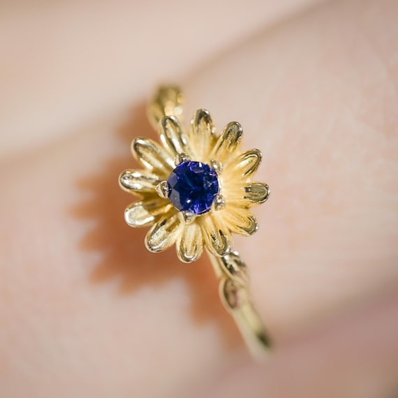 Aster Flower Ring: Sapphire Birthstone, 14k Gold Plate, Vermeil, or solid Silver