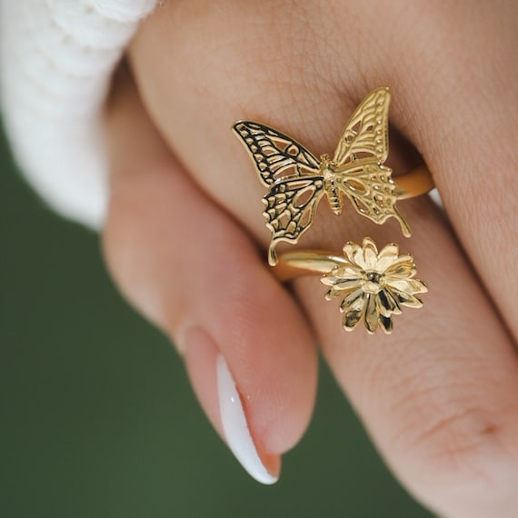 Adjustable 3D Crystal Butterfly Ring For Women - Gold Plated Open Cuff Finger Ring, Cute Animal Jewelry Gift - View #6