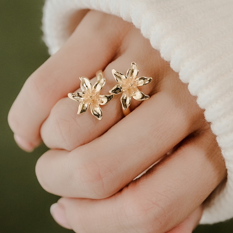 Lily Flower Ring, Adjustable Statment Ring in Sterling Silver, Vermeil, and 18K Gold Plate image 10