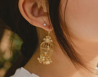 Vintage Birdcage Earrings - 3D Printed Bird Jewelry for Bridal and Cottagecore Style