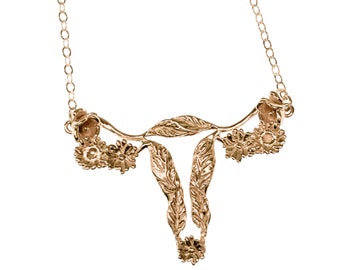 Floral Uterus Pendant 14k Solid Gold, Sterling Silver, Vermeil, of 14K Gold Plate