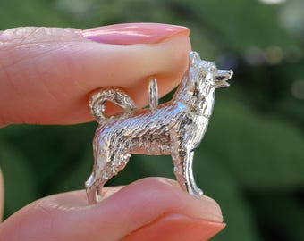 May include: A small, detailed silver pendant in the shape of a dog, held between fingers. The pendant has a textured surface, a curled tail, and a loop for a chain. The background is blurred green.
