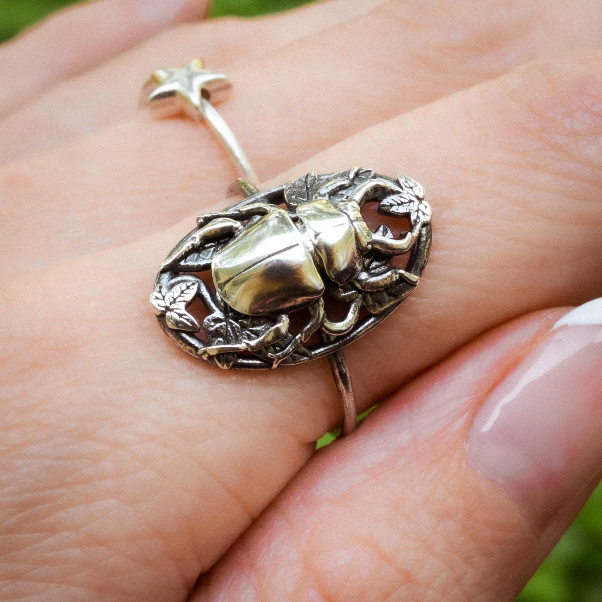 Stag Beetle Ring Nestled in a Bed of Ivy, Sterling Silver, Vermeil, and 14K Gold Plate