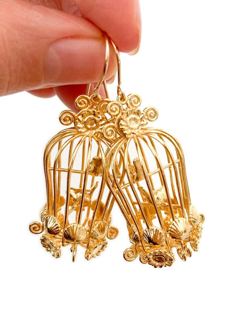 18k Gold Birdcage Earring Vintage Inspired Bird Earrings Etsy