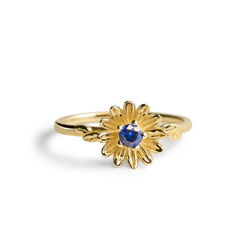 Asterbloemring: geboortesteen saffier, 14k gouden plaat, vermeil of massief zilver afbeelding 2