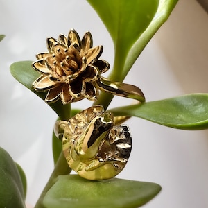 Frog and Waterlily Ring: 14K Gold Plated or Silver Adjustable Statement Ring