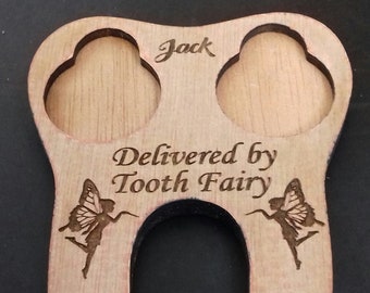 Child's name Tooth fairy coin holder  Bespoke tooth shaped 6mm wood made on our premises choose between 1 or 2 or 4 pound / euros coins