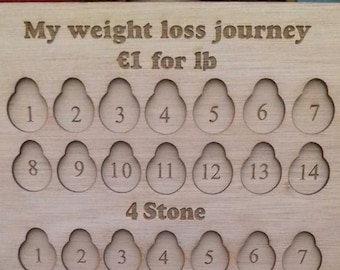May include: A wooden weight loss tracker with 14 slots for each stone, labelled 1-14. The tracker is labelled "My weight loss journey" and "£1 for lb".