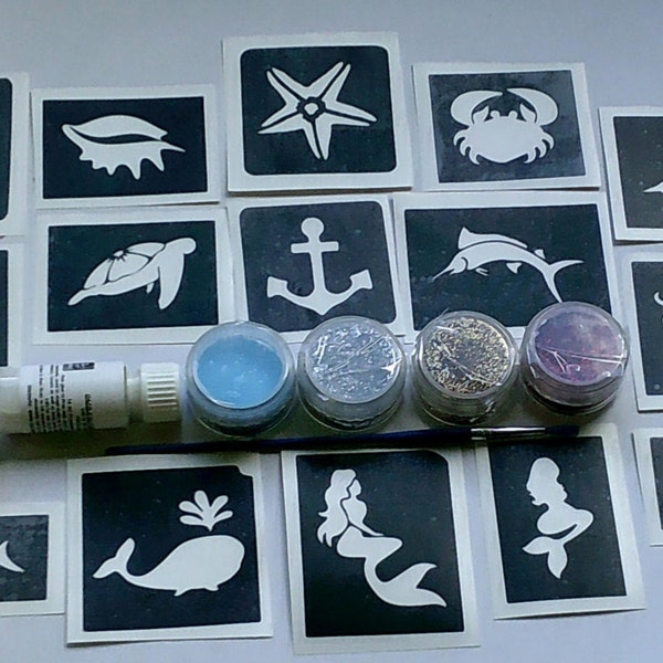 Sea themed glitter tattoo set including 30 stencils + 5 pots of glitter colours + glue  Fund Raising  seaside ocean