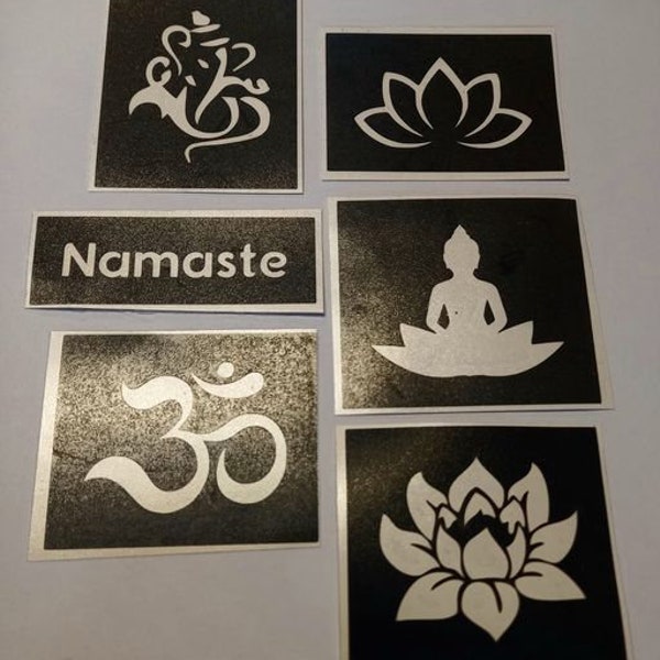 20 - 100 pochoirs hindous pour tatouages pailletés / aérographe / maquillage Namaste omh ganesh lotus buddha
