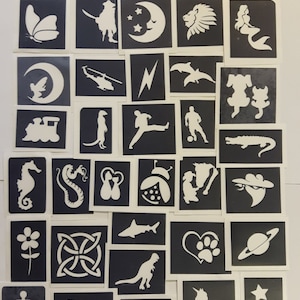 10 - 2000 children&#39;s themed stencils for glitter tattoos / body art / airbrush / face painting  boy girls dolphin dinosaur mermaid unicorn