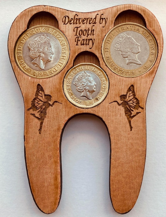 Porta monete fata dei denti A forma di dente su misura legno da 6 mm  realizzato nei nostri locali scegli tra monete da 1 5 sterline / euro -   Italia