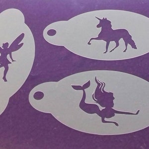 Mermaid and Unicorn and fairy face painting stencils - reusable many times  party entertainer tool (3 designs)