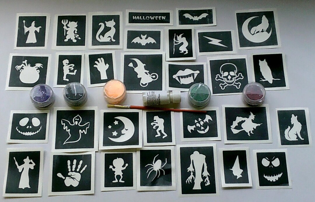 Halloween Glitter Tattoo Set Including 30 Stencils 5 Glitter Colours