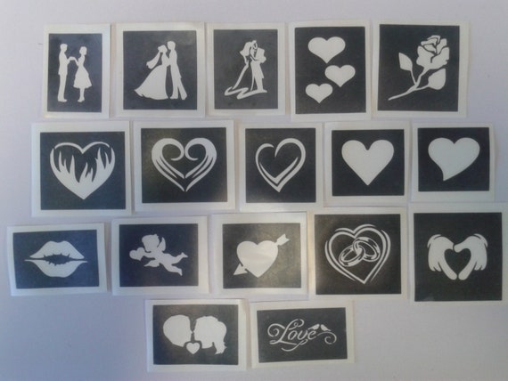 20 - 100 Valentine stencils for glitter temporary tattoos / airbrush / face  painting hearts love cupid couple kissing lips