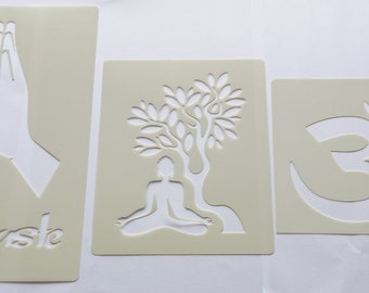 Namaste words with hands, Buddha & tree and Omh symbol stencil for wall decoration / card making pick 4" - 8"  plastic Hindu  Hinduism