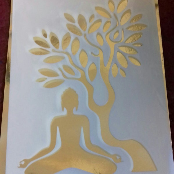 Buddha & tree stencil for wall decoration decor craft hobby border  350 micron Mylar plastic pick  4" - 8" high  Hindu Hinduism  Buddhism