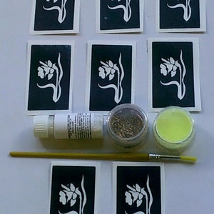 Daffodil stencil set - 20 x stencils + gold and yellow glitter brush glue Marie Curie Cancer Research fund raise