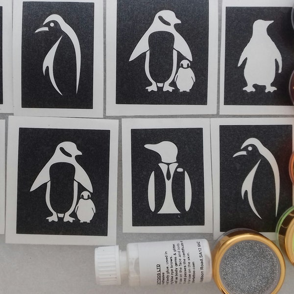 Penguin themed glitter tattoo set including 30 stencils + 5 pots of glitter colors + glue  Fund Raising penguins bird