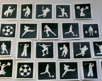 30 x sports themed stencils for glitter tattoos / airbrush / face painting   football surfing karate golf skater cricket footballer rugby