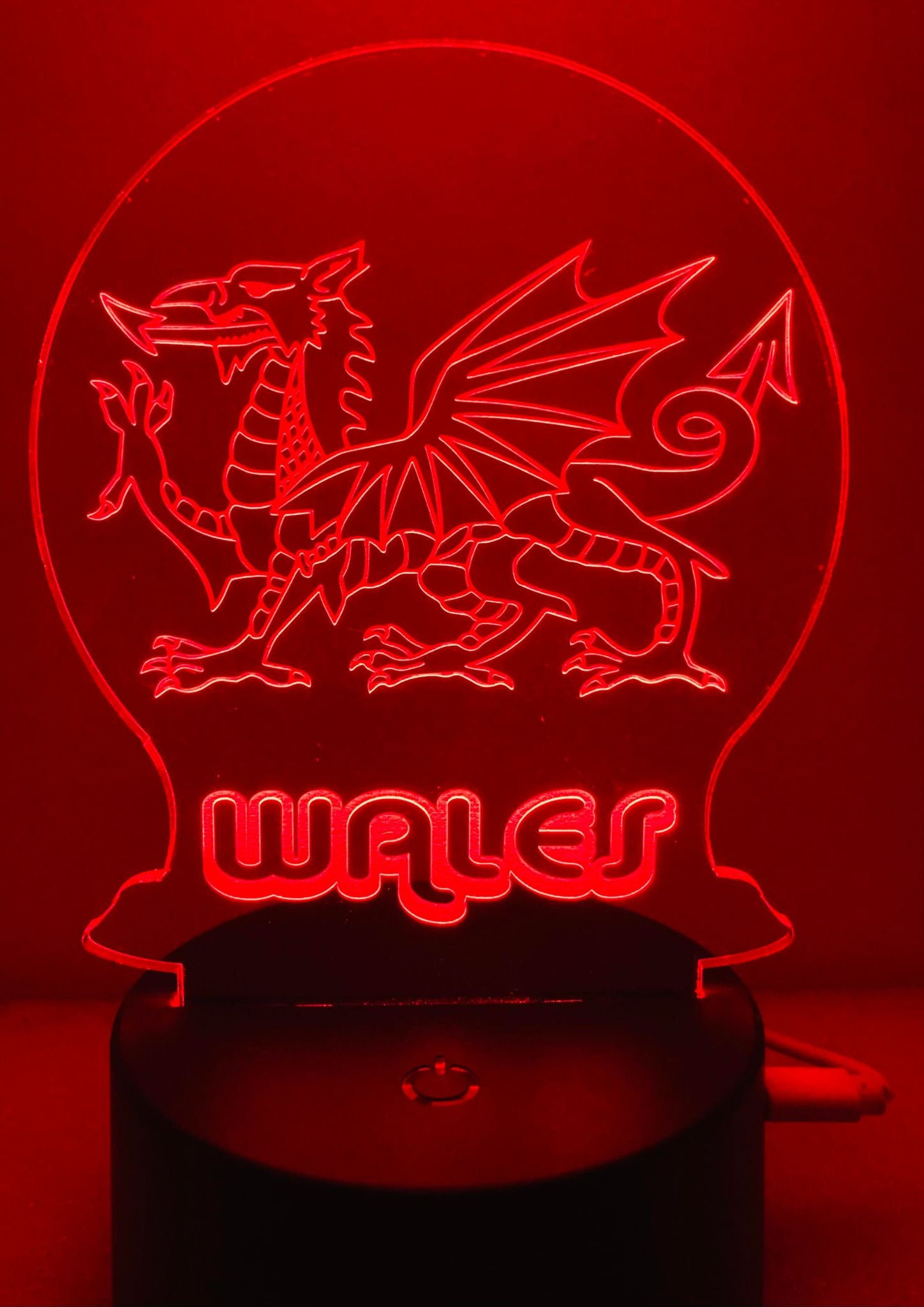 Welsh Dragon with Wales underneath 3D LED Night Light / Table Desk Lamp  Luminous Changes colour red Wales St Davids Day