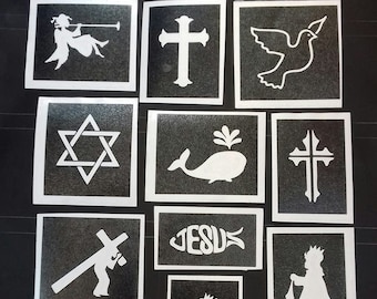 20 - 100 Bible Story stencils for glitter tattoos / airbrush / face painting  cross dove rainbow whale nativity
