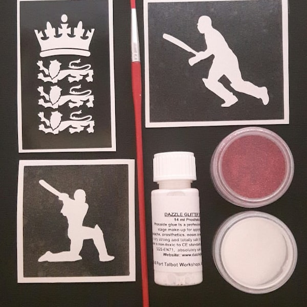 Coffret de tatouage à paillettes sur le thème du cricket anglais - 30 pochoirs + paillettes + colle + brush cricket The Ashes (3 designs) Anglais