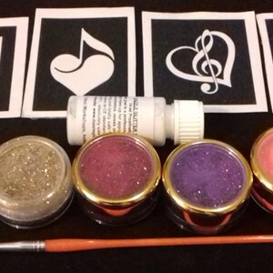 Music note themed tattoo set including 30 stencils + 5 colors + glue  boys  guitar violin piano harp festival
