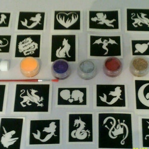 Mythology themed tattoo set including 30 stencils + 5 colors + glue  unicorn wizard mermaid fairy
