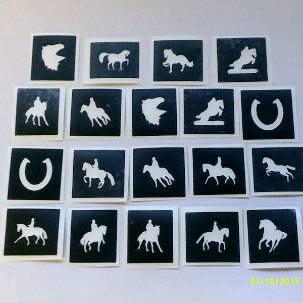 10 - 100 chevaux sur le thème du dressage équestre au pochoirs (mixtes) pour tatouages pailletés, maquillage, aérographe